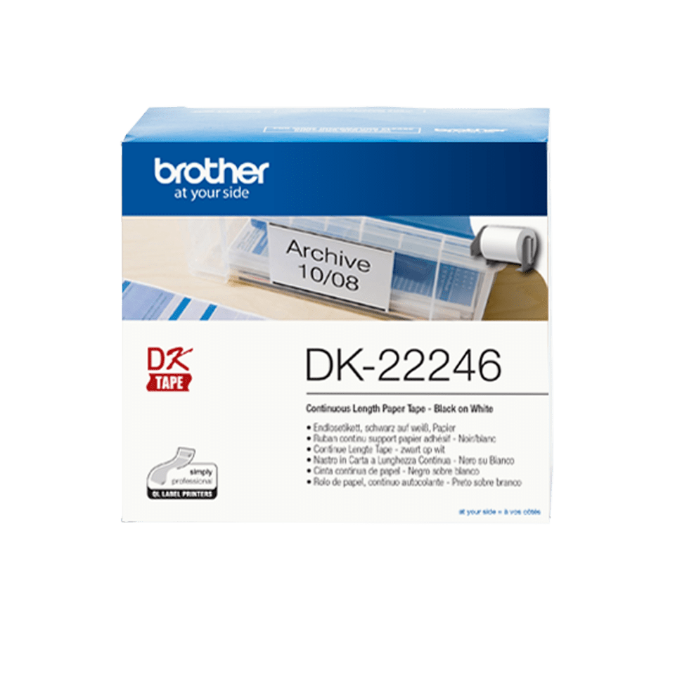 Original Brother DK-22246 labels i endeløs bane – sort på hvid, 103 mm bred 2